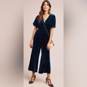 Anthropologie Greylin Elegant Teal Velvet Wide Leg Cropped Jumpsuit- Small